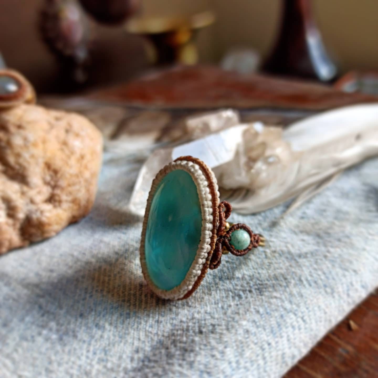 Larimar Fingerring Ring Makramee Messing