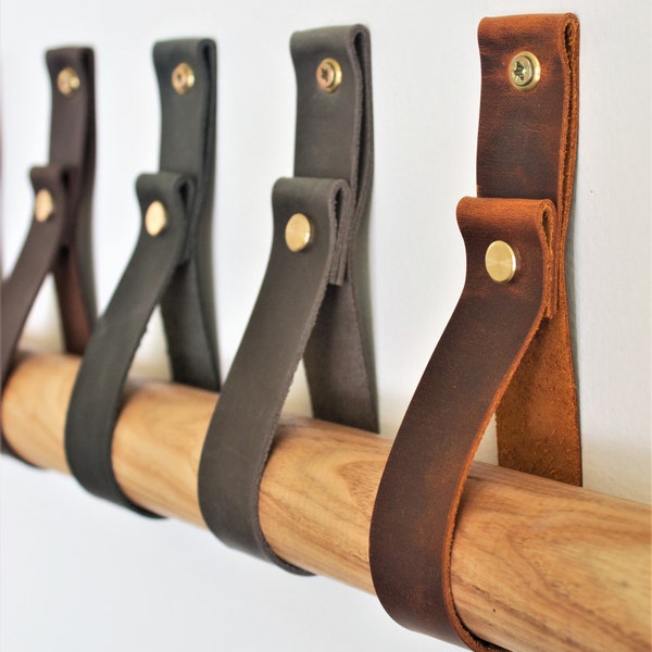 AIERSA Leather Curtain Strap Bracket Wall Hooks – 10 Pack, Wood & Iron, Holds Towels & Rods, Black & Brown