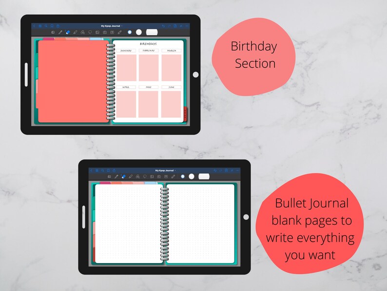 May include: Two images of a digital planner app on a tablet screen. The first image shows a birthday section with a calendar layout. The second image shows a blank page with a grid pattern. The text "Birthday Section" is in a red circle above the first image. The text "Bullet Journal blank pages to write everything you want" is in a red circle above the second image.