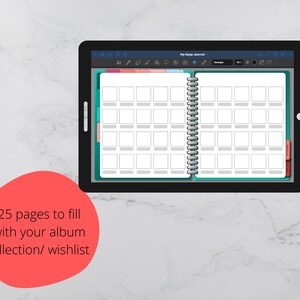 May include: A digital tablet displaying a digital journal with 25 pages for organizing an album collection or wishlist. The journal has a teal and white design with a spiral binding.