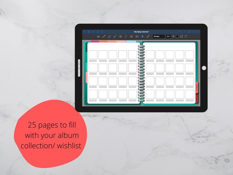 May include: A digital tablet displaying a digital journal with 25 pages for organizing an album collection or wishlist. The journal has a teal and white design with a spiral binding.