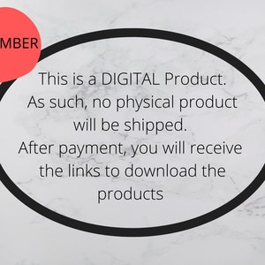 May include: A black and white image with a red circle that says "REMEMBER" in white text. The text inside the circle says "This is a DIGITAL Product. As such, no physical product will be shipped. After payment, you will receive the links to download the products."