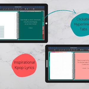 May include: A digital journal app with a green and pink cover. The app features clickable hyperlinked tabs and inspirational Kpop lyrics. The text on the cover reads "Even though we cannot communicate using the same language, we use music instead." and "There's no need to be something. I'm the best when I'm myself. I wanna be me."