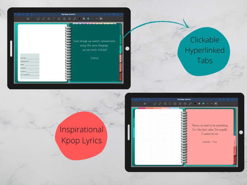 May include: A digital journal app with a green and pink cover. The app features clickable hyperlinked tabs and inspirational Kpop lyrics. The text on the cover reads "Even though we cannot communicate using the same language, we use music instead." and "There's no need to be something. I'm the best when I'm myself. I wanna be me."