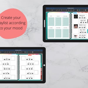 May include: A digital planner app on a tablet screen with a teal and white color scheme. The app is designed to help users create playlists based on their mood. The app includes sections for different moods, such as "Happy", "Chill", "Party", and "Love".
