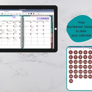 May include: A digital calendar app with a March calendar open. A separate window shows a sheet of free numbered stickers to date your calendar. The stickers are brown with white numbers.