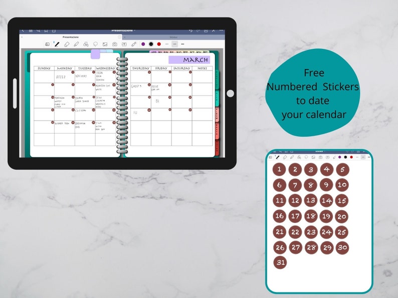 May include: A digital calendar app with a March calendar open. A separate window shows a sheet of free numbered stickers to date your calendar. The stickers are brown with white numbers.