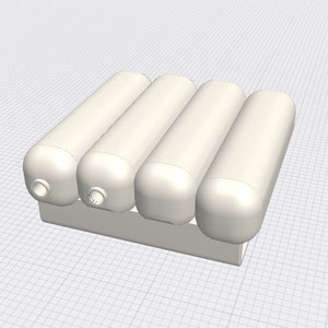 Puede incluir: Representación 3D de cuatro objetos cilíndricos con extremos redondeados, dispuestos uno al lado del otro sobre una base rectangular. Los objetos y la base son de color crema claro. El fondo es una cuadrícula.