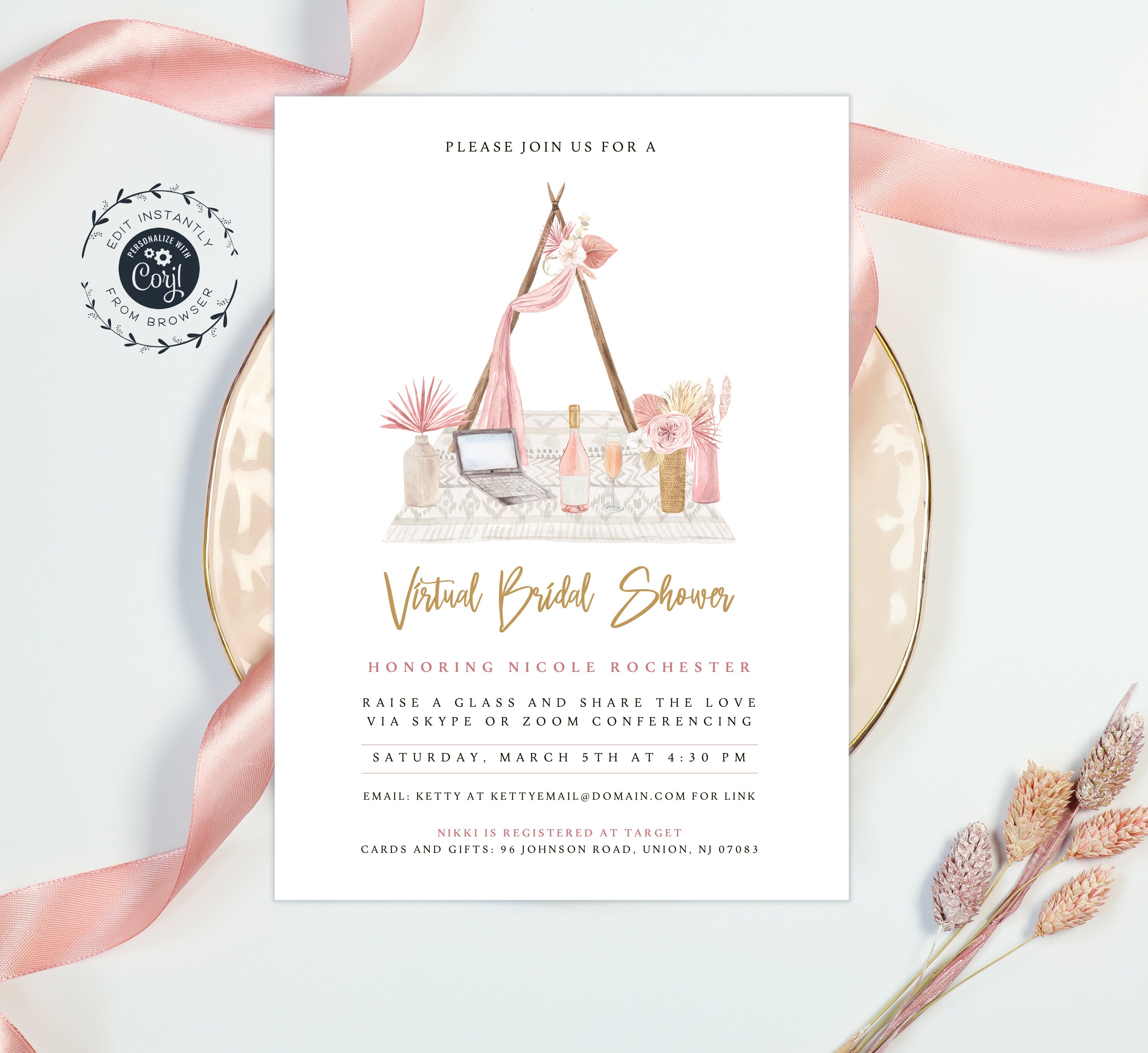Virtual Bridal Shower Invitation Boho Template Download Etsy