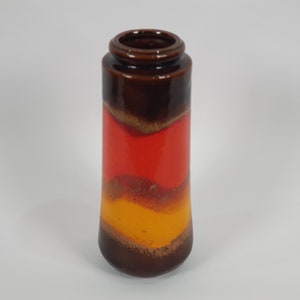 West German Pottery Fat Lava Vase with Red Yellow and Gold Banded Glaze: Scheurich 206-26