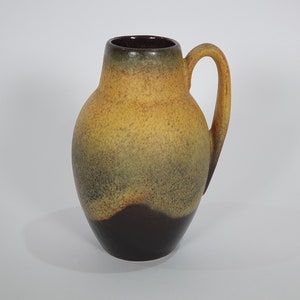 West German Pottery Fat Lava Handled Vase in Mustard Yellow Over Chocolate Brown: Scheurich 414 16