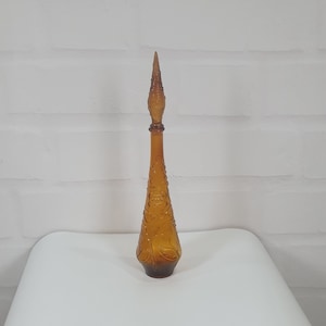Vintage Italian Brown Pressed Glass Genie Decanter Floral Pattern