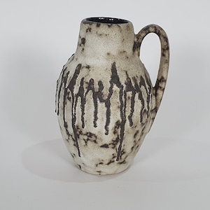 West German Pottery Fat Lava Handled Vase in Rustic White with a Dark Brown Pulse Pattern: Scheurich 414 16