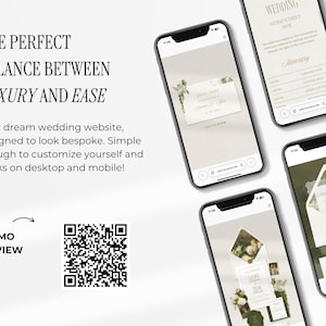May include: A mockup of a wedding website displayed on four smartphones. The website features elegant designs with floral accents and gold text. The text on the screen includes wedding details and the phrase "The Perfect Balance Between Luxury and Ease."