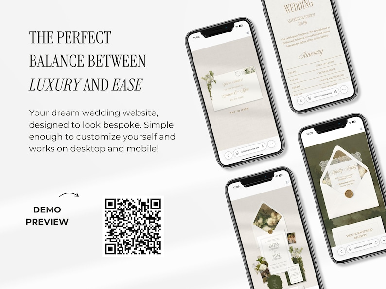 May include: A mockup of a wedding website displayed on four smartphones. The website features elegant designs with floral accents and gold text. The text on the screen includes wedding details and the phrase "The Perfect Balance Between Luxury and Ease."