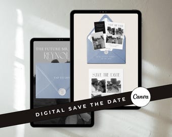 Dusty Blue Digital Save the Date Template: Minimalist Editable Canva Wedding Website Black and White Invitation (Digital Download)