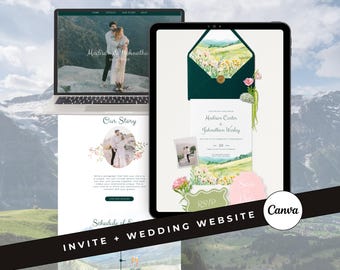 Watercolor Mountain Wedding Website Template Floral Forest Digital Invitation Canva Wedding Invite with RSVP (Digital Download)