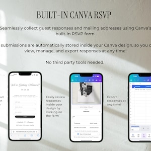 Op de afbeelding: Afbeelding met drie smartphones die Canva RSVP-functies tonen. Tekst luidt "BUILT-IN CANVA RSVP" en beschrijft hoe gastreacties te verzamelen en te beheren. De telefoons tonen formulierinvulling, antwoordbeoordeling en exportopties.