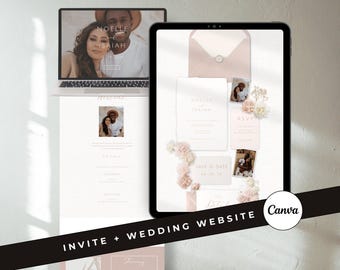 Wedding Website Canva Template Boho Dusty Rose and Champagne Digital Invitation Neutral Save the Date with RSVP (Digital Download)