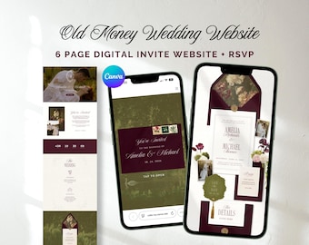 Wedding Website, Burgundy and Olive Digital Wedding Invite, Old Money Save the Date Digital, Moody Wedding Invitation Suite with RSVP