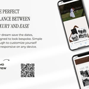 May include: Two smartphones displaying a wedding invitation design. The top phone shows a couple in a field, while the bottom phone displays a "Save the Date" card. Text on the image includes "THE PERFECT BALANCE BETWEEN LUXURY AND EASE."