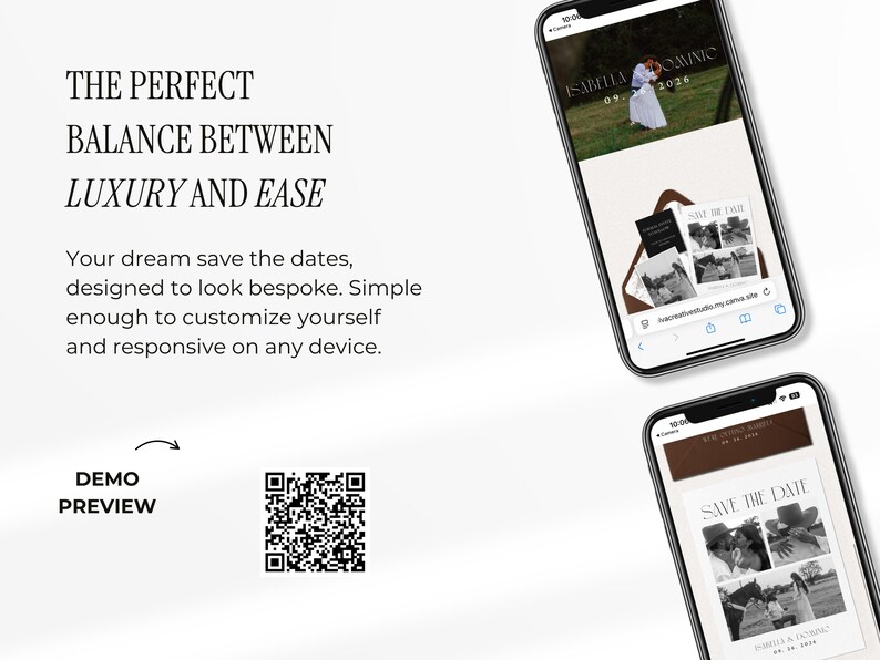 May include: Two smartphones displaying a wedding invitation design. The top phone shows a couple in a field, while the bottom phone displays a "Save the Date" card. Text on the image includes "THE PERFECT BALANCE BETWEEN LUXURY AND EASE."
