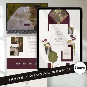 May include: A laptop and tablet display a wedding invitation and website design. The invitation features the names "Amelia & Michael" in a burgundy color, along with photos and floral accents. The words "INVITE + WEDDING WEBSITE" and "Canva" are also visible.