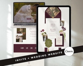Burgundy Wedding Invitation Website Canva Template Moody Floral Digital Invite Save the Date with RSVP (Digital Download)