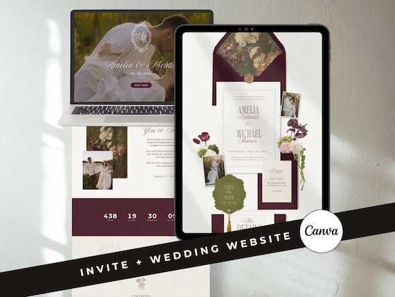 Burgundy Wedding Invitation Website Canva Template Moody Floral Digital Invite Save the Date with RSVP (Digital Download)