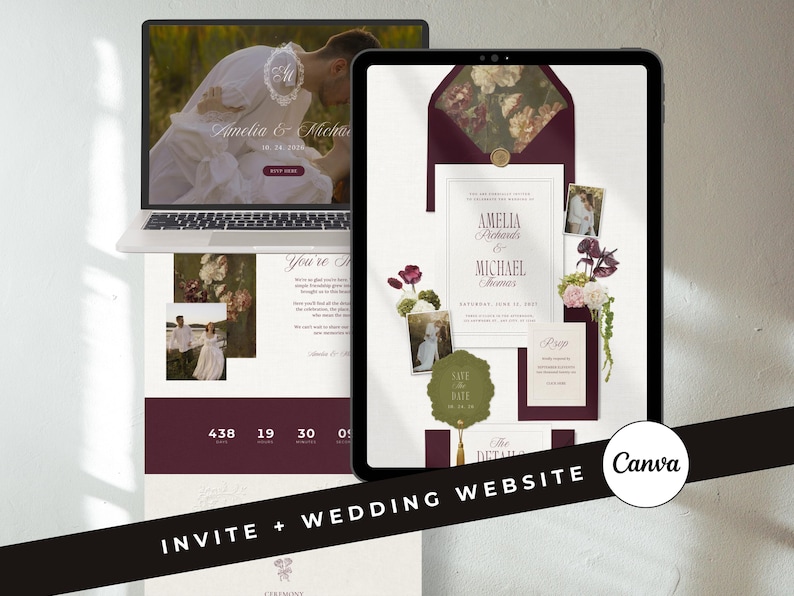 Puede incluir: Un port&aacute;til y una tableta muestran un dise&ntilde;o de invitaci&oacute;n de boda y sitio web. La invitaci&oacute;n presenta los nombres "Amelia & Michael" en borgo&ntilde;a, junto con fotos y detalles florales. Tambi&eacute;n se ven las palabras "INVITE + WEDDING WEBSITE" y "Canva".