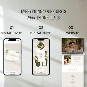 May include: Image showcasing digital wedding essentials: a digital invite on a smartphone, a digital suite on another phone, and a wedding website displayed on a laptop. Text reads "EVERYTHING YOUR GUESTS NEED IN ONE PLACE".