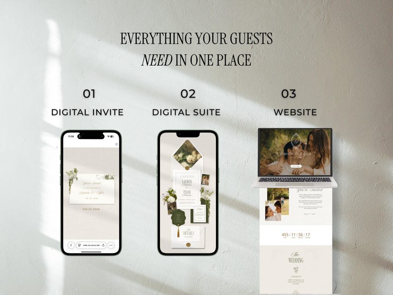 May include: Image showcasing digital wedding essentials: a digital invite on a smartphone, a digital suite on another phone, and a wedding website displayed on a laptop. Text reads "EVERYTHING YOUR GUESTS NEED IN ONE PLACE".
