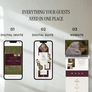 Puede incluir: Imagen que muestra elementos digitales de boda: una invitaci&oacute;n digital en un tel&eacute;fono inteligente, una suite digital en un tel&eacute;fono y un sitio web de boda en una computadora port&aacute;til. Texto: "Todo lo que sus invitados necesitan en un solo lugar."