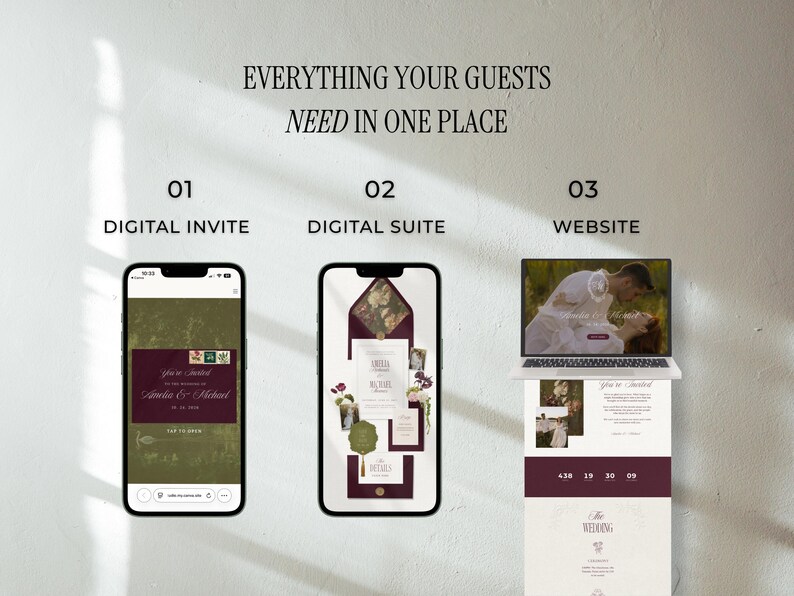 Puede incluir: Imagen que muestra elementos digitales de boda: una invitaci&oacute;n digital en un tel&eacute;fono inteligente, una suite digital en un tel&eacute;fono y un sitio web de boda en una computadora port&aacute;til. Texto: "Todo lo que sus invitados necesitan en un solo lugar."