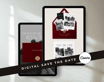 Burgundy Modern Digital Save the Date Template: Minimalist Editable Canva Merlot Wedding Website Invite (Digital Download)