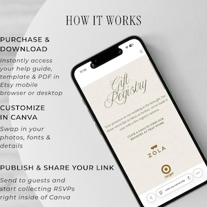 May include: A smartphone displays a wedding gift registry with the text "Gift Registry" in an elegant script. The screen shows options from Zola and Target. The image also includes instructions: Purchase & Download, Customize in Canva, and Publish & Share Your Link.