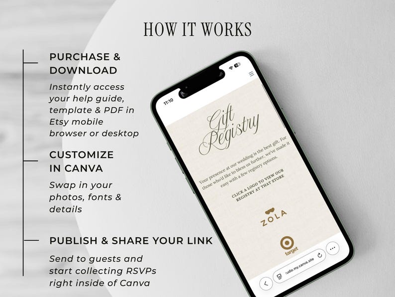 May include: A smartphone displays a wedding gift registry with the text "Gift Registry" in an elegant script. The screen shows options from Zola and Target. The image also includes instructions: Purchase & Download, Customize in Canva, and Publish & Share Your Link.