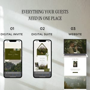 May include: Image showcasing digital wedding stationery options: a digital invite, digital suite, and website. The invite and suite are displayed on smartphones, while the website is shown on a laptop. The text reads "Everything Your Guests Need in One Place."