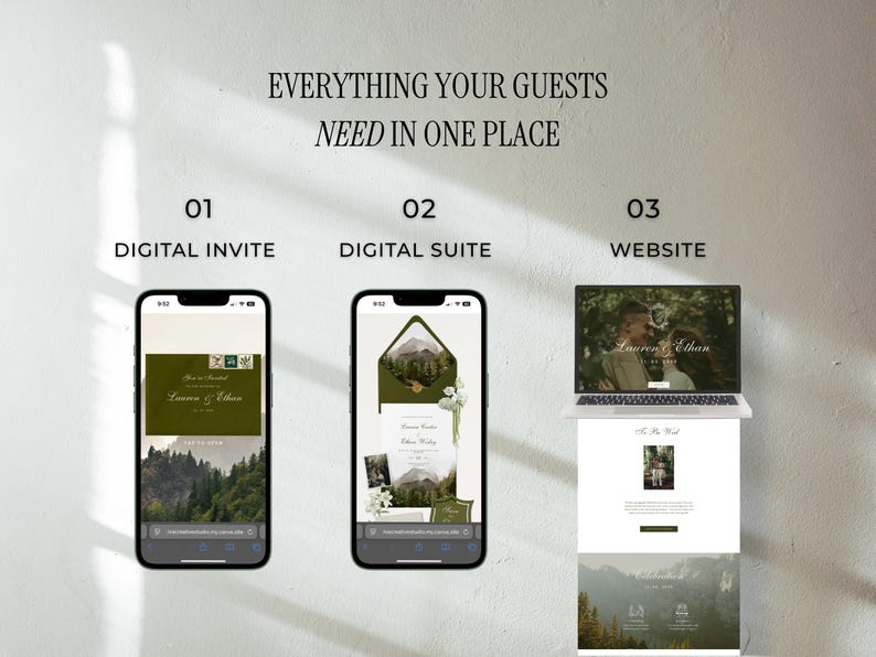 May include: Image showcasing digital wedding stationery options: a digital invite, digital suite, and website. The invite and suite are displayed on smartphones, while the website is shown on a laptop. The text reads "Everything Your Guests Need in One Place."
