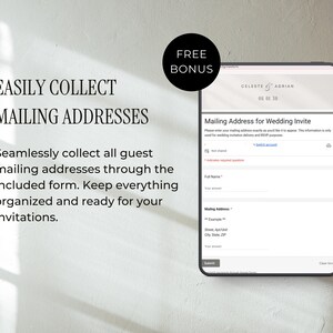 May include: A digital tablet displays a wedding invitation mailing address form. The screen shows fields for full name and address. Text on the screen reads "Easily Collect Mailing Addresses" and "Free Bonus."
