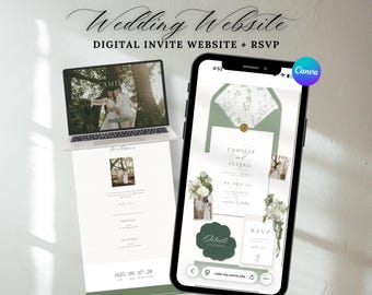 Modelo de site de casamento verde sálvia com RSVP, convites de casamento rústicos digitais, lembrancinhas florais, convites para festa no jardim em Canva.