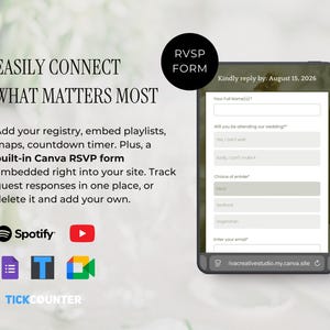 May include: A digital wedding RSVP form displayed on a smartphone screen. The form includes fields for name, attendance, and meal choices. Text on the screen reads "Kindly reply by: August 15, 2026."