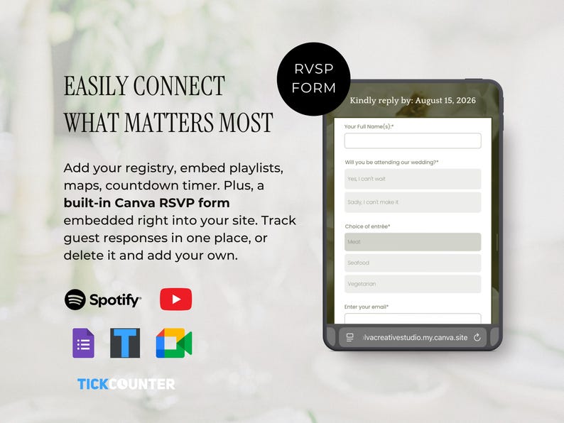 May include: A digital wedding RSVP form displayed on a smartphone screen. The form includes fields for name, attendance, and meal choices. Text on the screen reads "Kindly reply by: August 15, 2026."