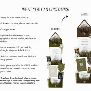 May include: A wedding invitation suite with a mountain landscape design. The image shows a before and after comparison of the invitation, with details on customization options, including changing photos, text, and fonts. The suite includes an invitation, RSVP card, and details card.