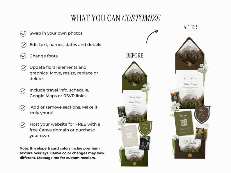 May include: A wedding invitation suite with a mountain landscape design. The image shows a before and after comparison of the invitation, with details on customization options, including changing photos, text, and fonts. The suite includes an invitation, RSVP card, and details card.