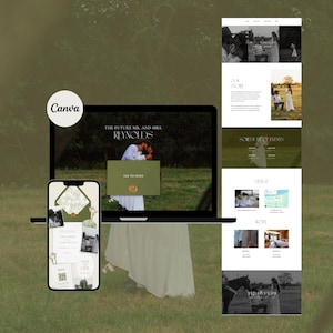 Può includere: Un laptop e uno smartphone che mostrano un design di sito web di matrimonio. Lo schermo del laptop mostra "THE FUTURE MR. AND MRS. REYNOLDS" con una coppia che si abbraccia. Lo smartphone mostra un design di invito di nozze. Il logo Canva è visibile.