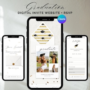 May include: Digital graduation invitation displayed on three smartphones. The invitation features a gold and white striped envelope design with graduation caps. The main screen shows a graduate's photo and details. The text reads "Graduation DIGITAL INVITE WEBSITE + RSVP".