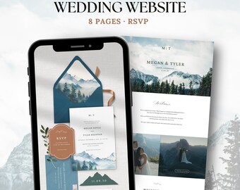 Websitesjabloon voor een bruiloft in de bergen met RSVP | Digitale uitnodiging voor een bruiloft in het bos | Rustieke blauwe Save the Date | Bewerkbaar Canva-sjabloon