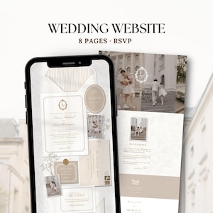 May include: A digital wedding website template displayed on a smartphone screen and a vertical layout, featuring 8 pages and RSVP functionality. The design uses a neutral beige and white color palette with elegant typography, photo placeholders, and classic stationery elements.