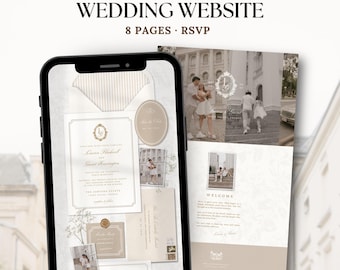 Ivoor oud geld bruiloft websitesjabloon met RSVP |  Luxe huwelijksuitnodiging digitaal | Barok Save the Date | Bewerkbare canvassjabloon